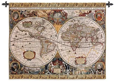 $89 • Buy Antique Map Tapestry Wall Hanging Jacquard Weave Gobelin Medieval 100% Cotton