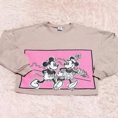 $8 • Buy Minnie And Mickey Mouse Beige/Pink Oversized Cropped Fleece Sweatshirt