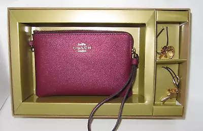 Coach CF547 Black Cherry Leather Corner Zip Wristlet Gift Box 2 Charms NWT $128 • $48.99