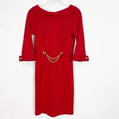 Milly Of New York Red Wool 3/4 Sleeve Dress Dress Gold Chain Detail Sz Small • $42.21