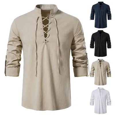 Men Medieval Lace Up T-Shirts Gothic Renaissance Pirate Cosplay Costume Retro / • £14.63