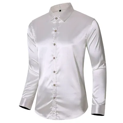 Imitation Silk Shiny Glossy Casual Men's  Long Sleeve Shirts No Personalise! • £11.98