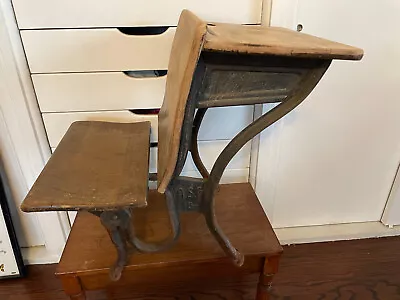 Antique A.S. Co 5 Child Cast Iron + Wood School Row Desk Inkwell & Folding Seat • $74.99
