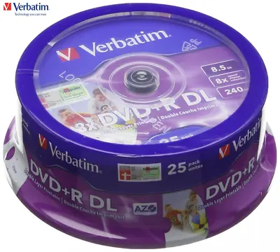 £41.99 • Buy Verbatim DVD+R 8.5GB 8x Speed 240min Printable Dual Layer Discs Spindle Pack 25