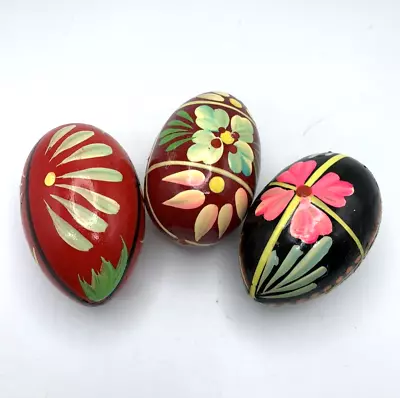 Vintage Lacquered Wood Eggs 3 Hand Painted Folk Art Easter Spring Decor • $15