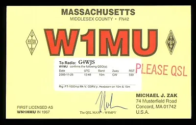 1 X QSL Card Radio USA W1MU Concord MA 2000 Michael J Zak ≠ V949 • $3.78