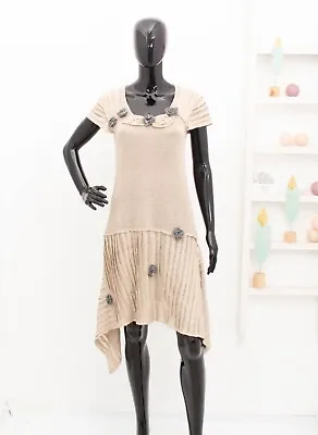ZUZA BART Dress Asymmetric Beige Linen Flowers Applique M • £46.99