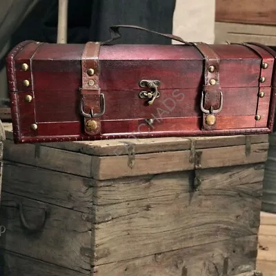 Long Wooden Pirate Treasure Chest Wine Bottle Trunk Hinged Lid & Straps Gift Box • £17.95