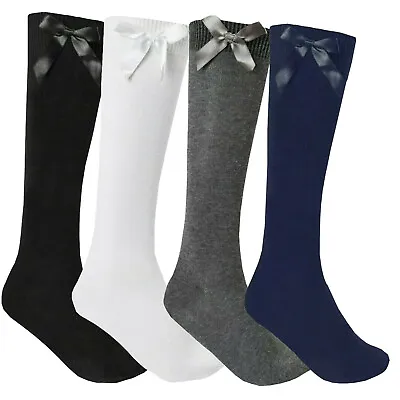 6 Pairs Girls Plain Cotton Knee High Back To School Kids Long Socks Bow All Size • £10.90