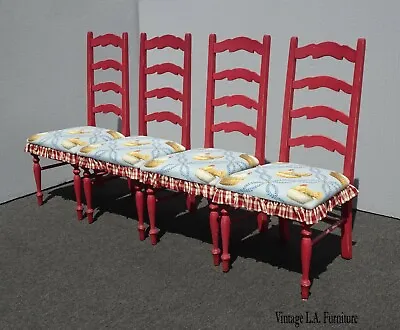 Set Of Four Red French Country Dining Chairs W Red & Blue Chicken Fabric Ruffles • $700
