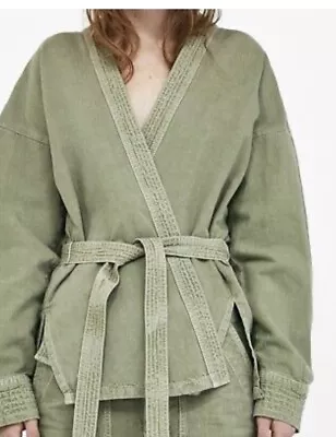 Zara Cotton Linen Jacket Kimono Style Medium Khaki Green Belted • $29