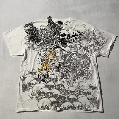 Miami Ink Tattoo All Over Print Skull & Cross White T Shirt 2009 Men’s Size XL • $35