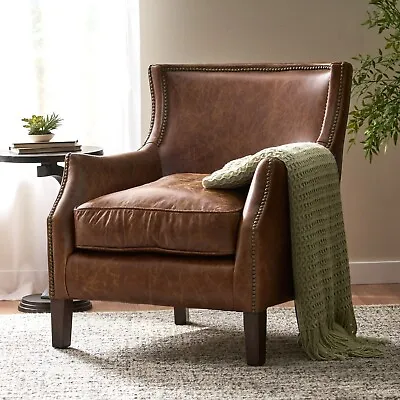 Brown Top Grain Leather Upholstered Club Chair With Nailhead Trim • $780.10