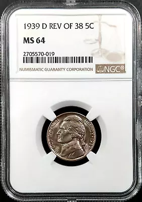 1939 D Jefferson Nickel Reverse Of 38 Certified MS 64 By NGC! • $44.99