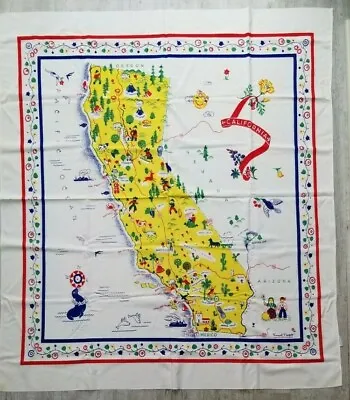 Vintage California Hand Prints State Tablecloth Margaret Newport 49  X 55   • $53.10