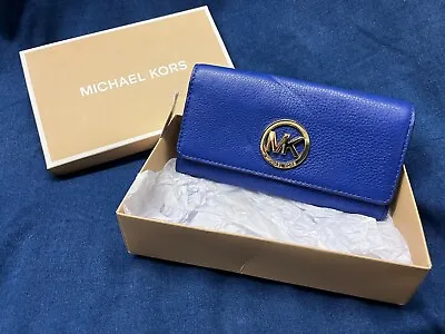 Michael Kors Fulton Genuine Leather Carryall Wallet Blue • $49.99