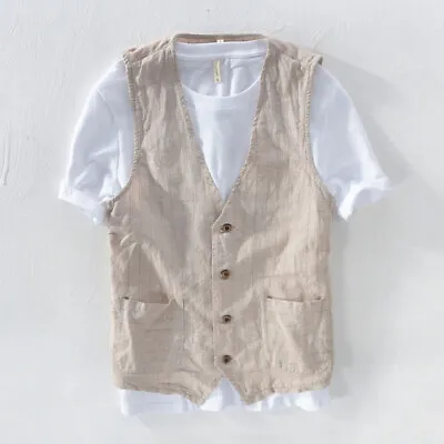 Men's Dress Vest British Fashion Striped Cotton Linen Business Formal Coats Suit • $26.99