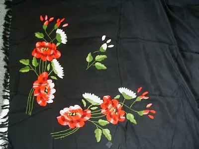 Vintage Piano Shawl Scarf Black Red Roses Embroidered Fringed Silk? • $19.99