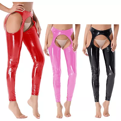 US Women's Faux Leather Wet Look Cutout Leggings Skinny Suspender Pants Trousers • $5.51