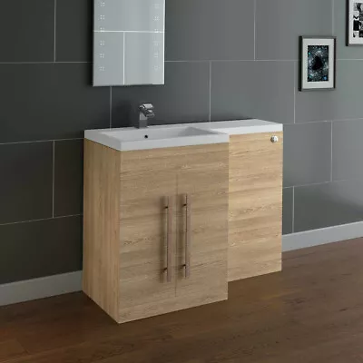 1100mm L Shape Bathroom Basin Vanity Toilet Combination Unit LH Furniture Oak • £330.99