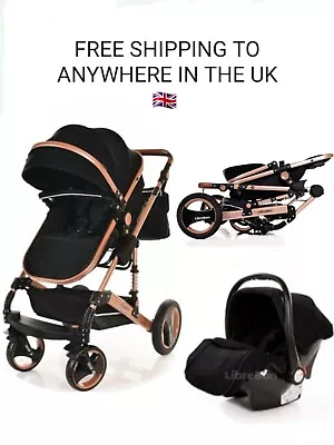 3 In 1 Pram And Carseat Newborn Belcoo Baby Pushchair Black And Gold • £205.99