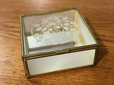 Vtg Brass Glass Mirror Trinket Jewelry Display Box W/ Floral Design • $9.99