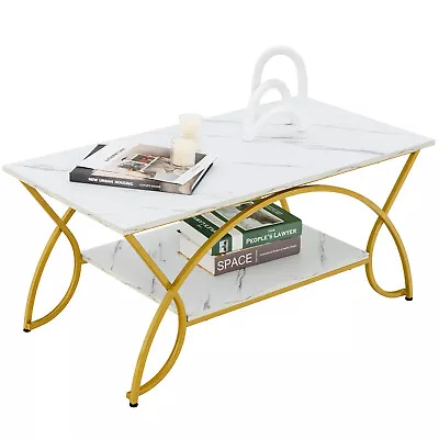 Giantex Coffee Table 2-Tier Side Table W/ Faux Mable Top Steel Legs Modern 100CM • $99.95