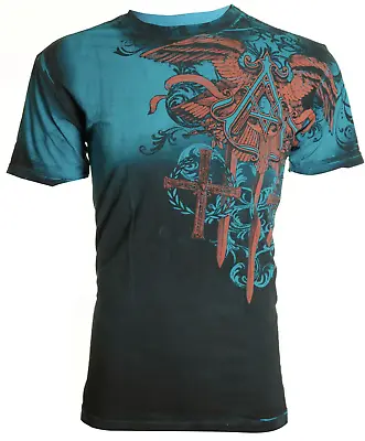 Archaic By Affliction Men's T-Shirt DAVENTRY Skull Blue Biker M-2XL • $24.95