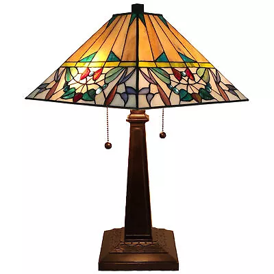 23  Stained Glass Flowery Two Light Mission Style Table Lamp • $216.07