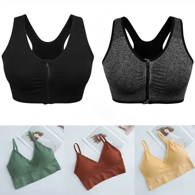 Women Wireless Padded Sports Bra Front Zip Yoga Cami Push Up Vest Support Top UK • £4.59