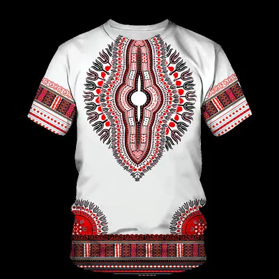 Mens Short Sleeve Shortline African Dashiki Dress Shirt Ethnic Totem Print Tops • £14.39