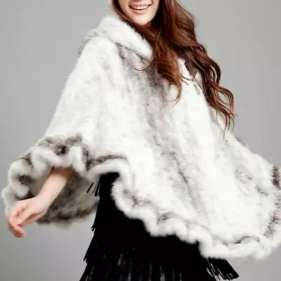 Ladies 100% Real Knitted Mink Fur Shawl Wraps Cape Hoody Poncho Fur Coats -Zip • $203.95