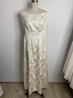 Vintage 1950s Large Cream Brocade Formal Dress Wedding Long Gown Boat Sleeveless • $550
