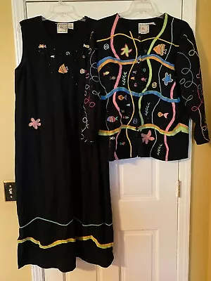 MICHAEL SIMON LITE 2 Pc Dress & Cardigan Size XL Tropical Fish Beaded Embroidery • $59.99