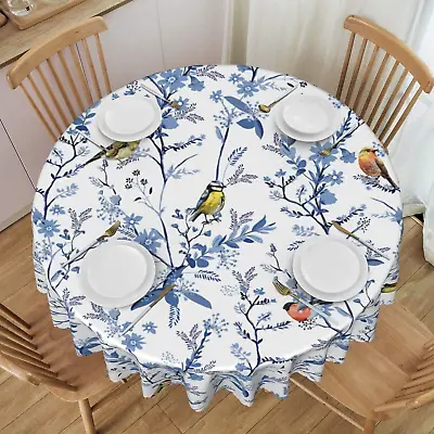 Floral Navy Blue Bird White Spring Flower Round Tablecloth 60 Inch Dining New • $27.86