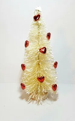 5  Tall VALENTINE'S DAY IVORY WHITE RED HEARTS Miniature Sisal Bottle Brush Tree • $12.95