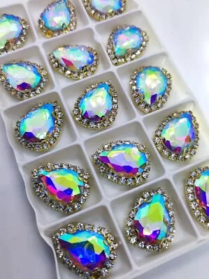 £12.99 • Buy Clear White AB Teardrop Pear Sew On Crystals Glass Rhinestone Beads 15PC 18x24mm