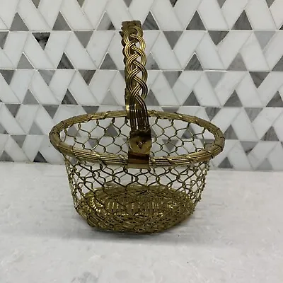 Vintage Oval Brass Woven Metal Fruit Basket Swivel Handle Wire Weave Farmhouse  • $17.99