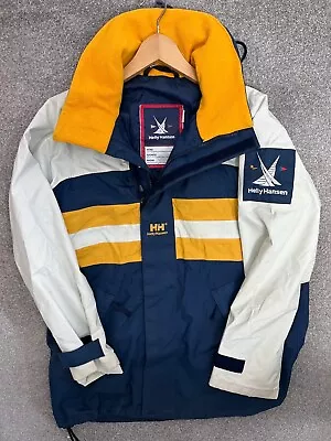 HELLY HANSEN Coat Mens S/M Tech Waterproof Jacket Sailing Twin Sails Blue Yellow • £12.50