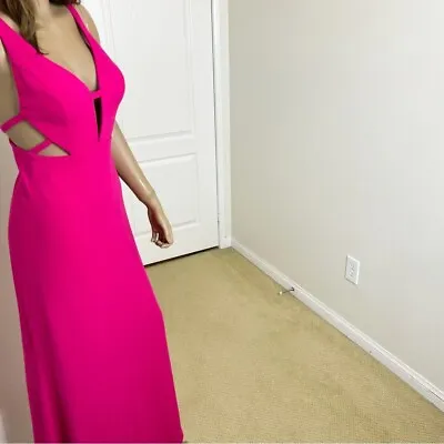 Aiden By Aiden Mattox Size 0 Long Dress Barbie Pink Deep V Cut Out Maxi Gown • $59.48