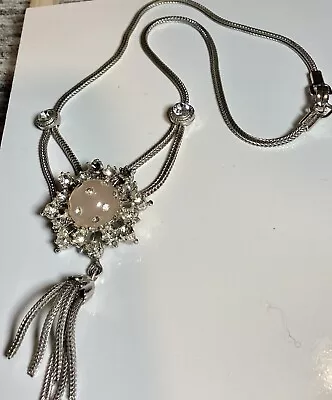 Antique Art Deco Pink Moonstone Diminsional Rhinestone Silver Chain REPAIR Neckl • $0.99