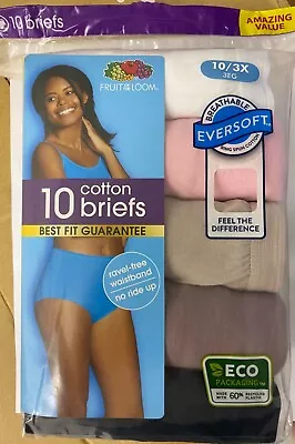 Fruit Of The Loom Women's Breathable Cotton Briefs 10 Pack Sz 10 New In Pack • $12.95