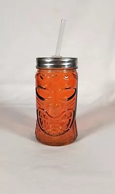 Tiki Head Glass Iridescent Orange Tumbler Mason Jar With Lid & Straw • $7.50