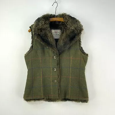 Jack Murphy Tweed Gilet Womens 14 Green Check Fur Trim Body Warmer Country Vest • £55