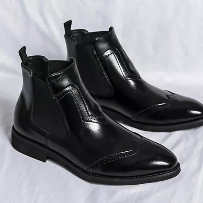 Men's Fashion Faux Leather Carved Pointed Toe Pull On Ankle Boots Casual Shoes • $62.31