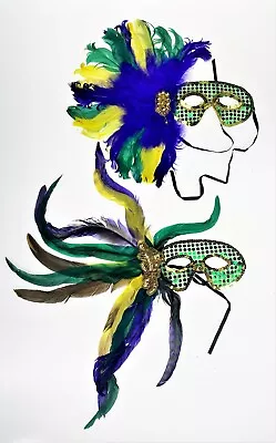 2 Feather Mardi Gras Masquerade Ball Party Masks Wall Decor Carnival • $24.54