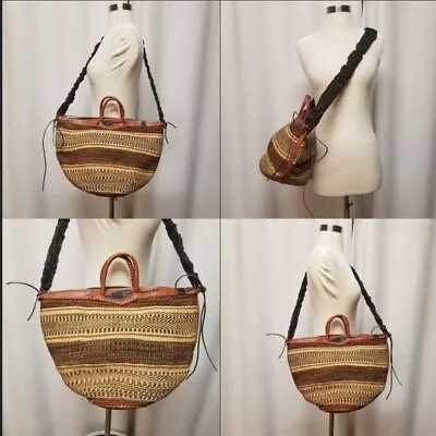 Handcrafted African Woven Sisal Kilim Crossbody Shoulder Bag With Leather Trims • $99.99