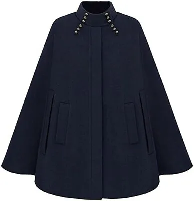 Women's Mock Neck Button Down Poncho Cape Woolen Pea Coat Cloak • $19.99