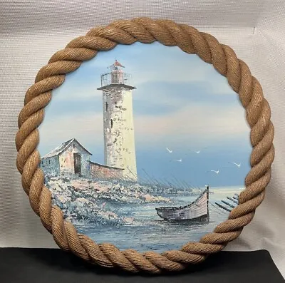 Vtg Boat Lighthouse Seascape Oil Canvas Painting Resin Rope Round Frame Unsigned • $125