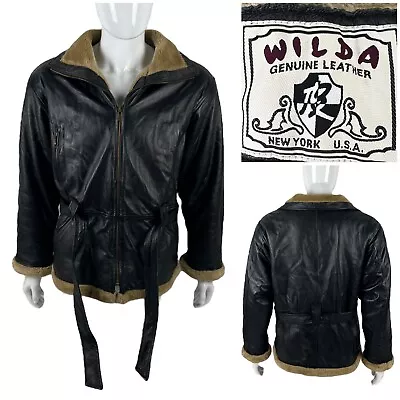 Wilda Mens Medium Jacket Genuine Leather Black Biker Bomber Full Zip Vintage • $111.10